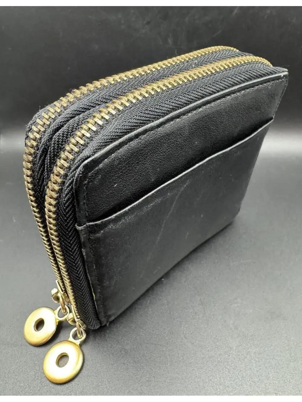 Black Leather Double Zip-Around Compact Wallet Gold Hardware